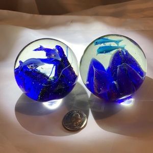 Pair of Two Dolphins Art Glass Paperweights